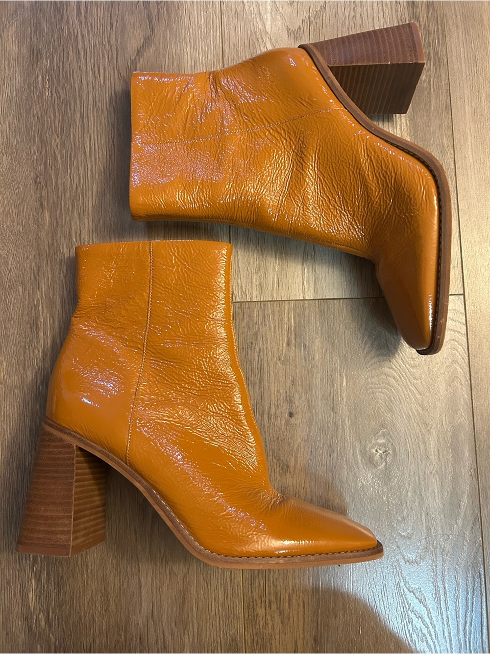 Vince Camuto Women's Eshera Caramel Patent Leather Block Heel Ankle Boots, Sz 8
